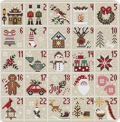 a cross stitch pattern with christmas decorations and numbers on the front, as well as an image