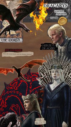 a collage of game of thrones characters with fire and flames in the background