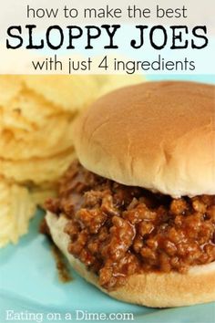 easy 4 ingredient sloppy joes recipe on a blue plate with chips and coleslaw