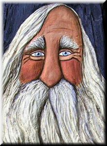 a painting of an old man with long white hair and blue eyes looking at the camera