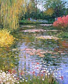 a painting of water lilies and trees