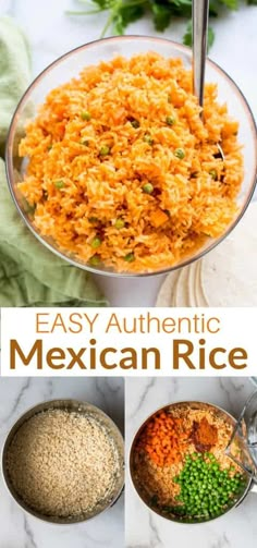 mexican rice with peas, carrots and other ingredients in bowls on a marble counter top