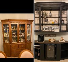 two pictures side by side one has a china cabinet and the other has a coffee machine