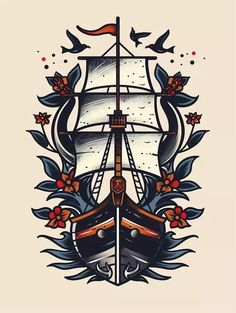 an old school style ship with flowers and birds on it's side, in the middle