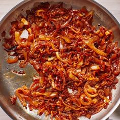 the food is cooked and ready to be eaten in the skillet on the table