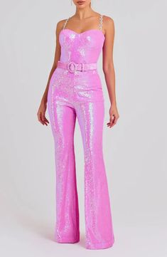 NADINE MERABI Tiffany Sequin Belted Wide Leg Jumpsuit | Nordstrom Nadine Merabi, Light Pastel Pink, Straps Jumpsuit, Wired Bra, Corset Boning, Belt Jumpsuit, Sequin Jumpsuit, Pink Jumpsuit, Gold Heels