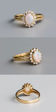 three different views of an opal and diamond ring, each with a white opal in