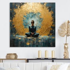 a painting of a person sitting in the middle of a living room with gold accents