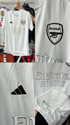 there are many different soccer jerseys on display