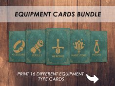 four different types of equipment cards on a wooden background with the words, equipment cards bundle