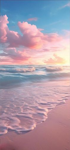 the beach is covered in waves and pink clouds