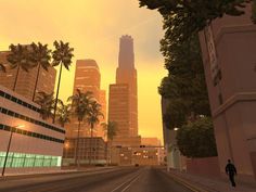 a man is walking down the street in front of some tall buildings and palm trees