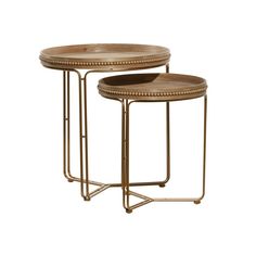 two metal and wood nesting tables with trays on each side, one is gold