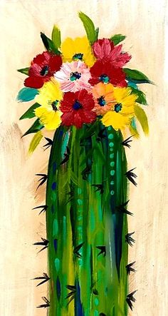 an acrylic painting of a cactus with colorful flowers in it's green vase