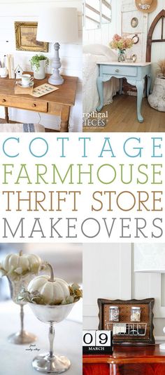 collage of cottage farmhouse furniture and thrift store makeovers with text overlay