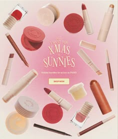 an advertisement for the new beauty brand, xmas sunnes featuring various cosmetics and make - up products