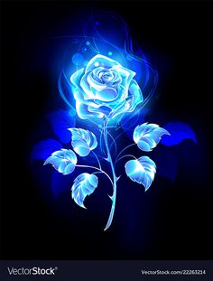 a blue rose with leaves on a black background