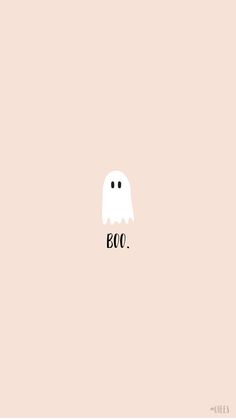 a white ghost with the word boo on it's face in black lettering, against a pale pink background