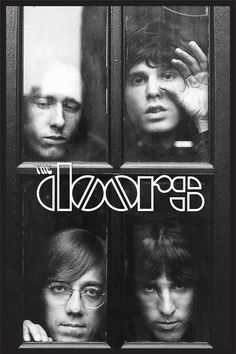 the doors are shown in this black and white photo, with their faces peeking out