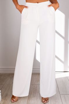 Standard  with class of "tabs"  This season's most wanted pants have finally arrived, meet the Good Feeling White High Rise Pants. Featuring a trouser fit with belt loops around the waist, a high waist, two front pleats,a hook and bar closure, a straightleg fit, two side pockets, and two welt pockets on the backside. These pants are meant to be in your closet. Style with our Good Feeling Blazer to complete the look! Formal White Wide Leg Pants With Belt Loops, White Straight Dress Pants With Belt Loops, Elegant Wide Leg Cargo Pants With Pockets, Formal White Bottoms With Belt Loops, White Bottoms With Welt Pockets For Office, White Office Bottoms With Welt Pockets, Elegant Wide-leg Cargo Pants, White Dress Pants With Belt Loops For Formal Occasions, White Formal Dress Pants With Belt Loops