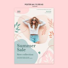 a flyer for a summer sale with a woman in shorts and sunglasses on the front