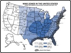 the map shows where wind zones in the united states are