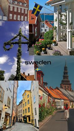 there are many different pictures in this collage, including buildings and a cross on the street