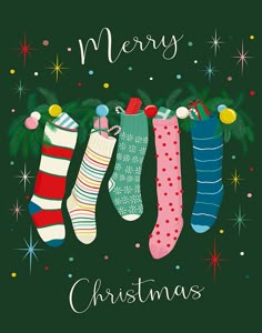 three christmas stockings hanging from a tree with the words merry christmas written below them on a green background