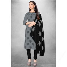 Embrace your love for fashion and inspire the rest with your uber-chic style as you wear this grey cotton churidar suit which will surely make a statement. This round neck and 3/4th sleeve churidar suit is elaborated using resham thread work. Accompanied by a matching cotton churidar in black color with black nazneen dupatta. Churidar has plain work. Dupatta prettified with resham thread work. This churidar suit can be customized up to the maximum size available in inches 58. Grey Cotton