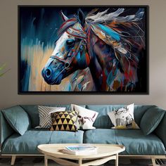 a painting of a horse with feathers on it's head in a living room