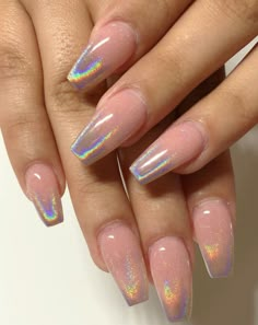 Ombre Unicorn Nails, Ombre Metallic Nails, Holographic Tip Nails, Irradecent Acrylic Nails, Irridecent Design Nails, Iridescent French Tip Nails, Umbre Nails, Holographic Nails Acrylic, Acrylic Nails Chrome