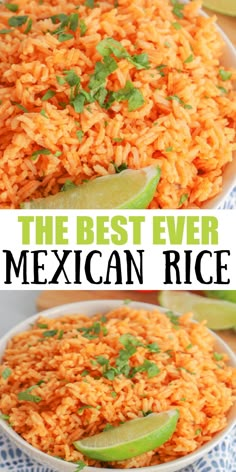 mexican rice in a white bowl with limes and cilantro on the side