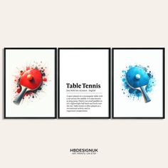 the table tennis racket and ball are in watercolor splattered on white paper