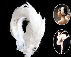 a white feather headpiece with an image of a woman's face in the background