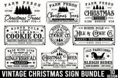 vintage christmas sign bundle with different styles and designs for the holiday season, including pine trees, gingerbread cookies, santa's sleigh