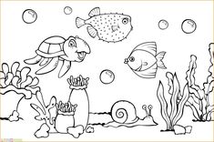 an ocean scene with fish and seaweeds coloring page for kids to print out