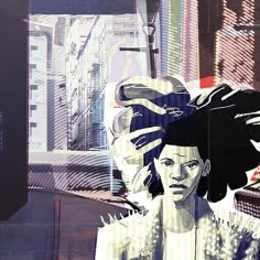 an abstract painting of a woman with black hair and white dress in front of a cityscape