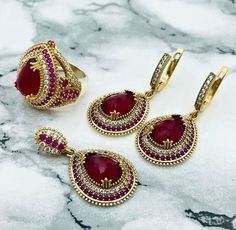 Beyoglu | Ruby Ottoman Style Jewelry Set Style Ottoman, Ornate Jewelry, Ruby Set, Beaded Hat, Ottoman Styling, Turkish Jewelry, Necklace Ring, Silver Jewelry Handmade, Red Ruby