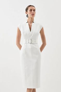 Business Professional Dresses, Wardrobe Window, Dresses Mid Length, White Pencil Dress, Interview Dress, Karen Millen Dress, Pencil Dresses, Feb 25, High Low Midi Dress