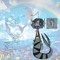 a cartoon character is standing in front of an ocean scene with dolphins and rainbows