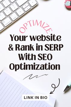 the words optimize your website and rank in serp with seo on it