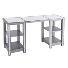 a glass and metal desk with shelves on each side