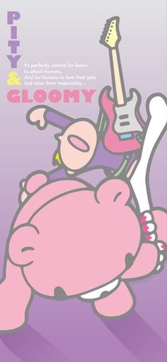 a cartoon character with a guitar on top of a pink piggy bank, and the words gloomy above it