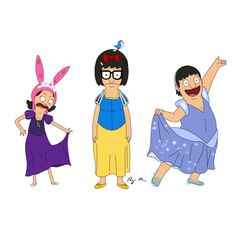 three cartoon characters dressed in different outfits