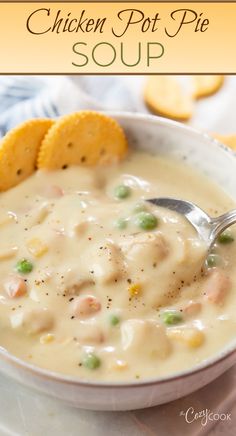 chicken pot pie soup withe peas and carrots Easy Chicken Pot Pie Soup, Mushroom Chowder, Chicken Pot Pie Soup Recipe, Pot Pie Soup Recipe, The Cozy Cook, Baked Potato Soup Recipe, Cozy Cook, Chicken Pot Pie Soup, Pot Pie Soup