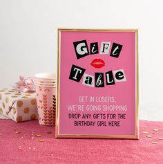 a pink birthday card with the words gift table on it