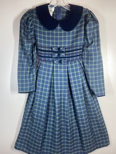 "Adorable winter weight dress  / labeled sz 7 girls / measures pit to pit 14\"/ elastic back waist 12 1/2\"-13 1/2\"comfortably / pit to wrist 13 1/4\" / length (shoulder to bottom) 35\"/ slightly puff sleeves & velvet sleeve wrist piping & collar / Smoke free environment - No issues (97)" Cute Plaid Dresses For School, Fitted Lined Plaid Dress, Fitted Plaid Dresses With Lining, Preppy Gingham Dress For School, Cute Winter Dress For School, Fitted Plaid Winter Dress, Fitted Vintage Plaid Dress, Fitted Plaid School Dress, Fitted Plaid Dress For School