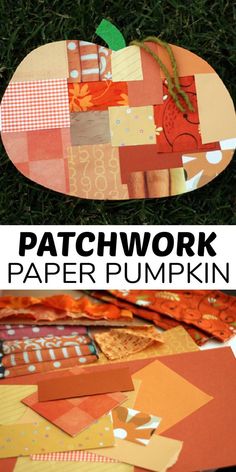 paper pumpkin cut out and placed on the ground with text overlay that reads patchwork paper pumpkin