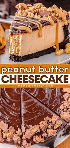 Whip up this pumpkin cheesecake recipe! With an Oreo crust, a decadent filling, and a chocolate ganache topping, this easy Thanksgiving sweet treat is decadent. You'll want this no-bake cheesecake as a simple Thanksgiving dessert, too! Peanut Butter Pie Cheesecake, Chocolate Dessert For Potluck, Peanut Butter Cheesecake Cake, Chocolate Peanut Butter Cheesecake Recipes, Peanut Butter Cheesecake With Oreo Crust, Peanut Butter Topping For Cheesecake, No Bake Peanut Butter Chocolate Cheesecake Recipes, Chocolate Pb Cheesecake, Dessert Recipes Chocolate Peanut Butter