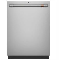 a stainless steel dishwasher with the door open and two handles on each side